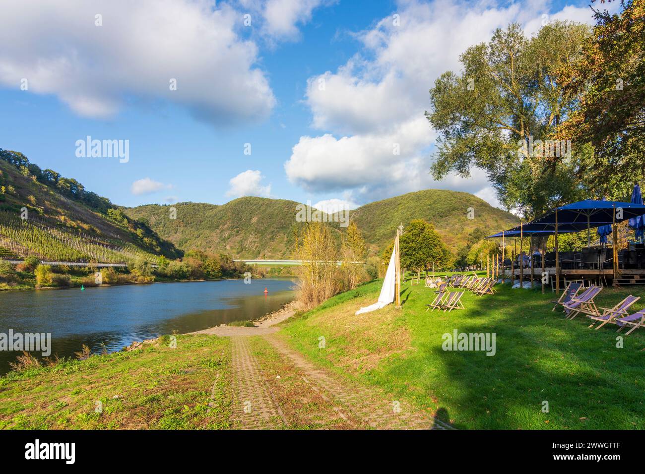 Bruttig-Fankel : rivière Moselle (Moselle), restaurant en plein air à Moselle, Rhénanie-Palatinat, Allemagne Banque D'Images