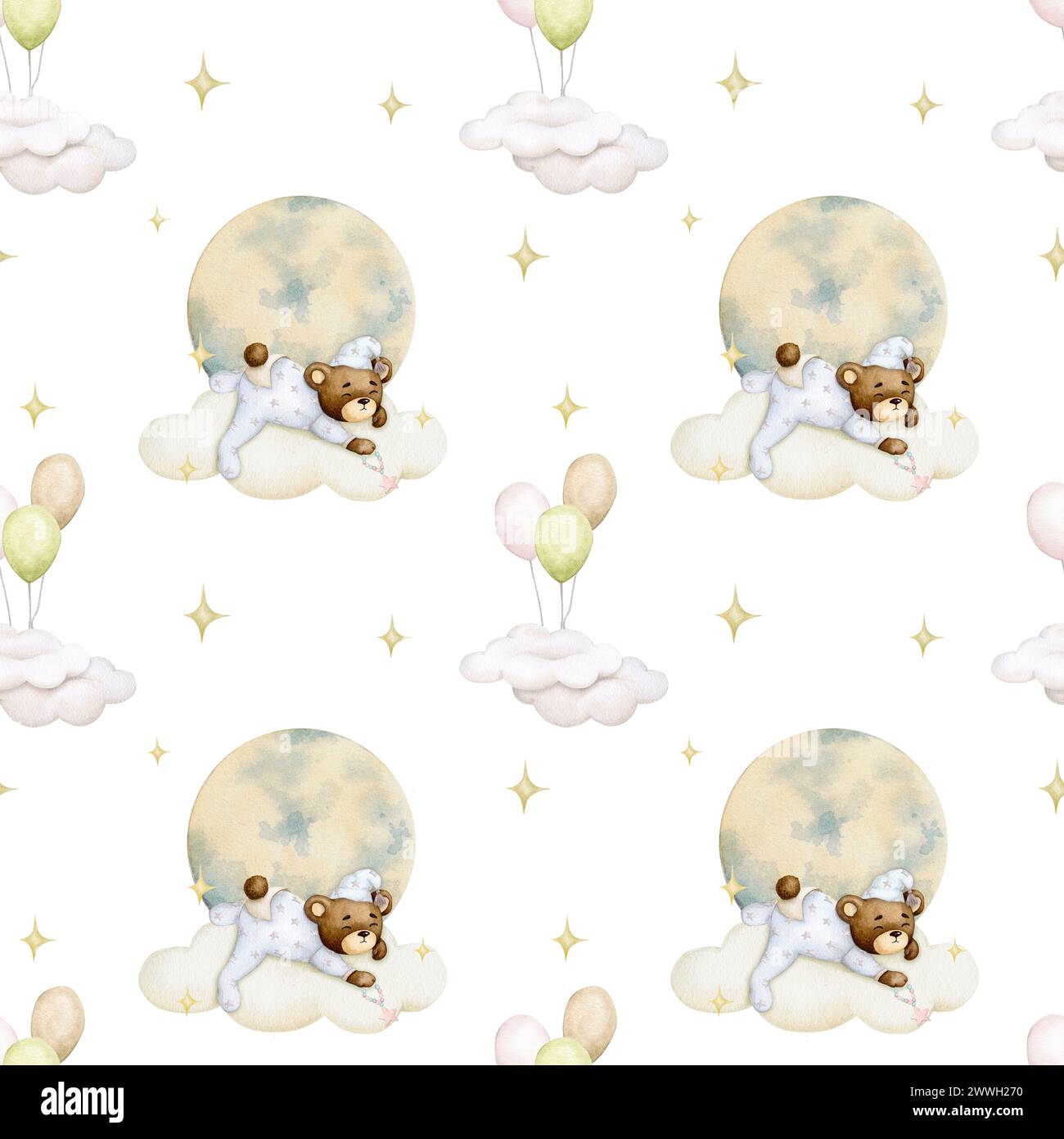 Motif sans couture bébé sur un fond blanc. Bébé ours dormant sur un nuage. Garçon. Arrière-plan aquarelle. Fête des enfants, baby shower, anniversaire. Conception Banque D'Images