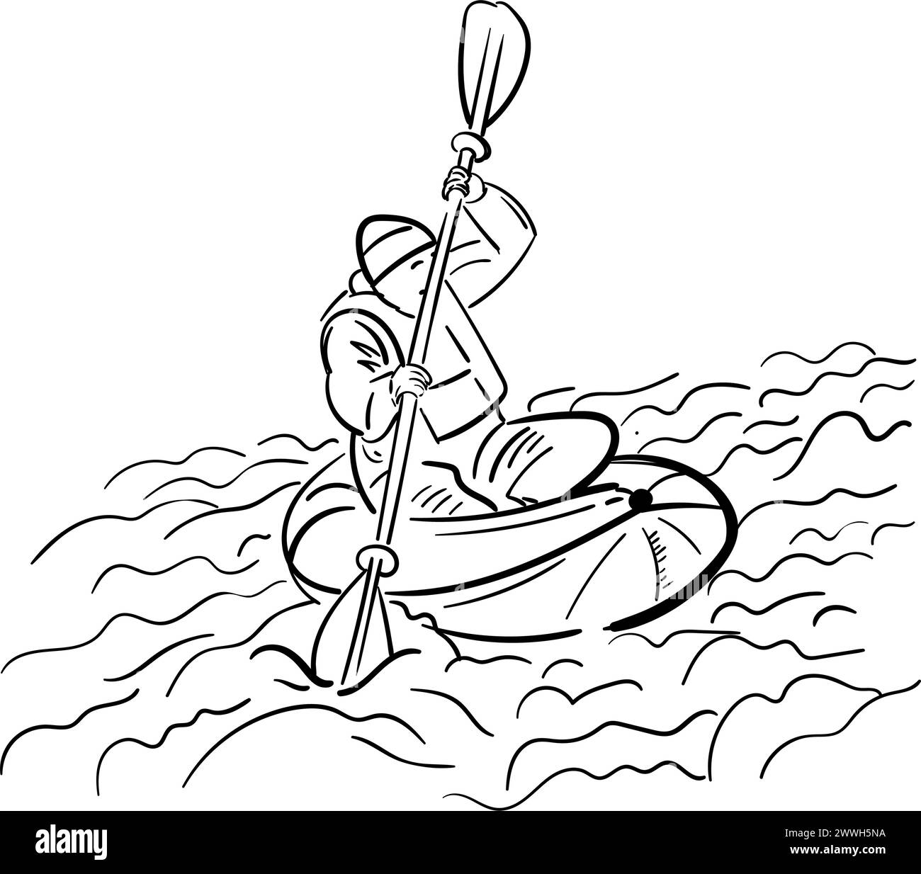 Croquis de gens de kayak sur la rivière, lac , homme , femme. Vue de face, illustration vectorielle dessinée à la main isolée. Doodle Sketch sport. Illustration de Vecteur