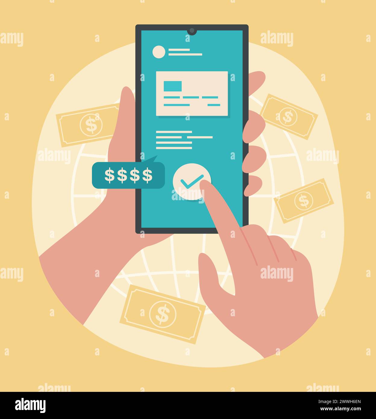 Transfert d'argent en ligne par smartphone pour illustration de concept de technologie financière Illustration de Vecteur