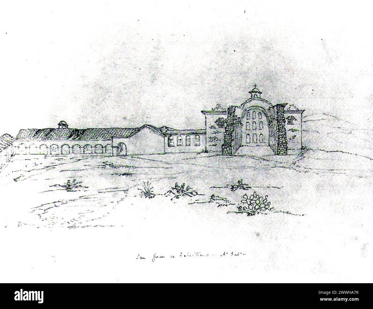 https://en.wikipedia.org/wiki/Mission San Juan Capistrano#/media/File:San Juan Capistrano 1850 by HMT Powell.jpg::text=A%20pencil%20sketch%20of%20Mission%20San%20Juan%20Capstrano%20drawn%20by%20H.M.T.%20Powell%20in%201850%20shows%20the%20domes%20over%20the%20sanctuary%20and%20transept%2C%20and%20much%20of%20the%20side%20walls%2C%20as%20being%20intact%20at%20the%20time Banque D'Images