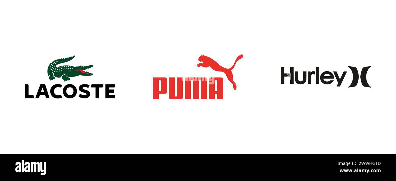 Lacoste , Puma , Hurley . Collection de logos vectoriels éditoriaux. Illustration de Vecteur