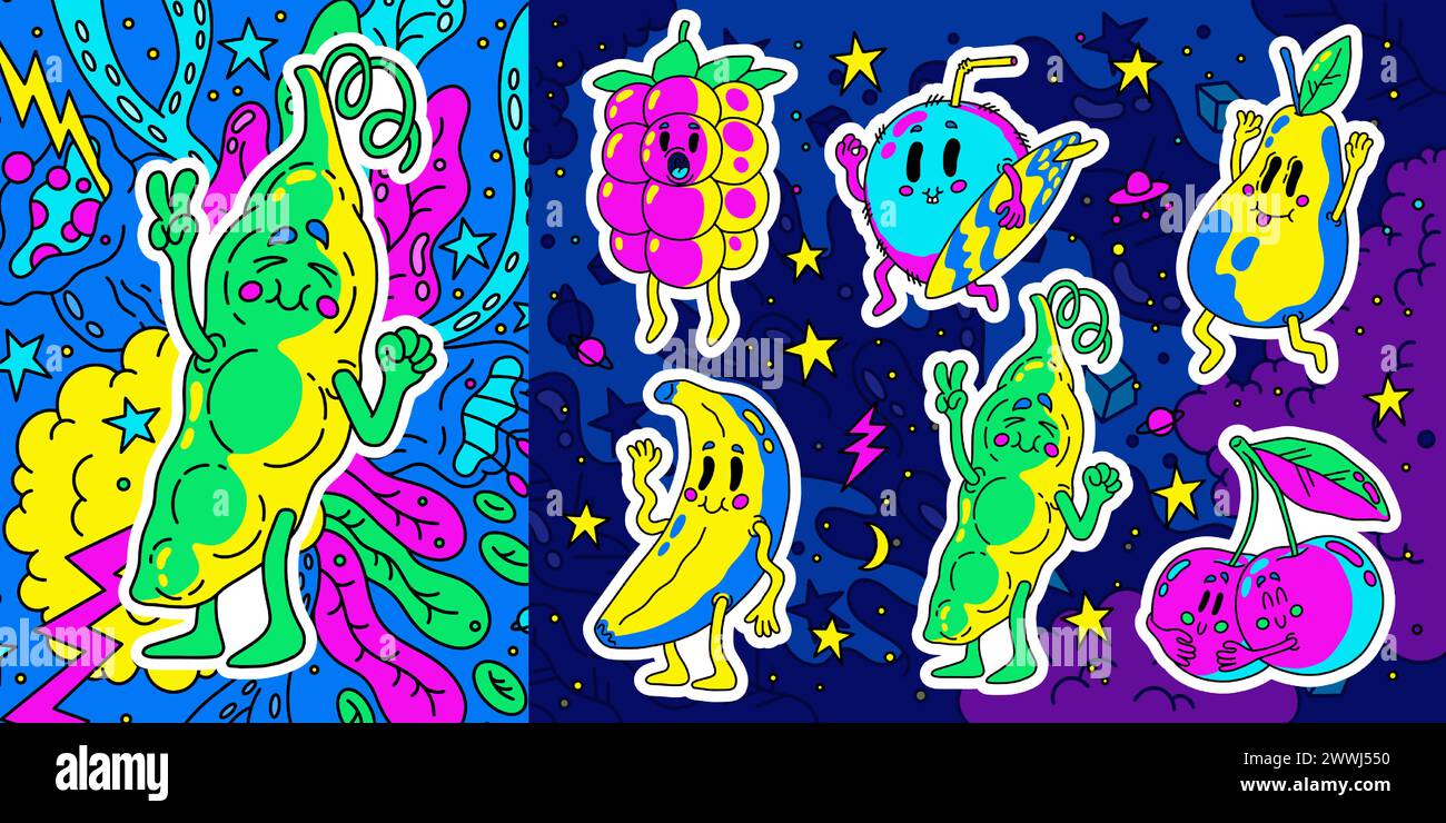 Doodle fruits. Personnage de nourriture fou. Framboise et noix de coco souriantes. Mascotte comique drôle de baies. Affiche d'été mignonne pour la fête d'anniversaire saine pour enfant. Banane et cerise. Jeu de dessins de couleur de dessin animé vectoriel Illustration de Vecteur