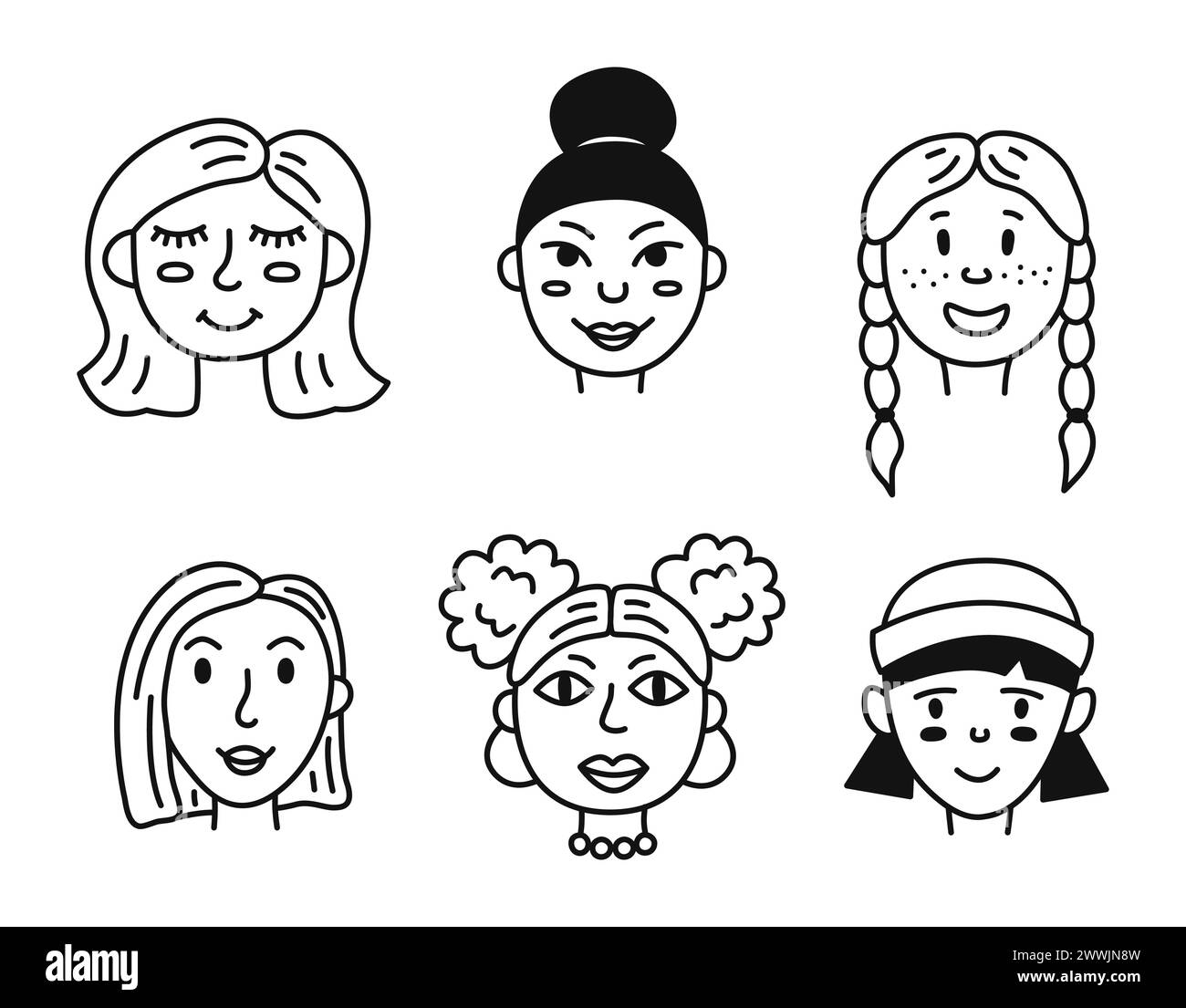 Ensemble d'avatars de personnes. Doodle portraits de femmes et de filles. Illustration vectorielle dessinée à la main isolée sur fond blanc. Illustration de Vecteur