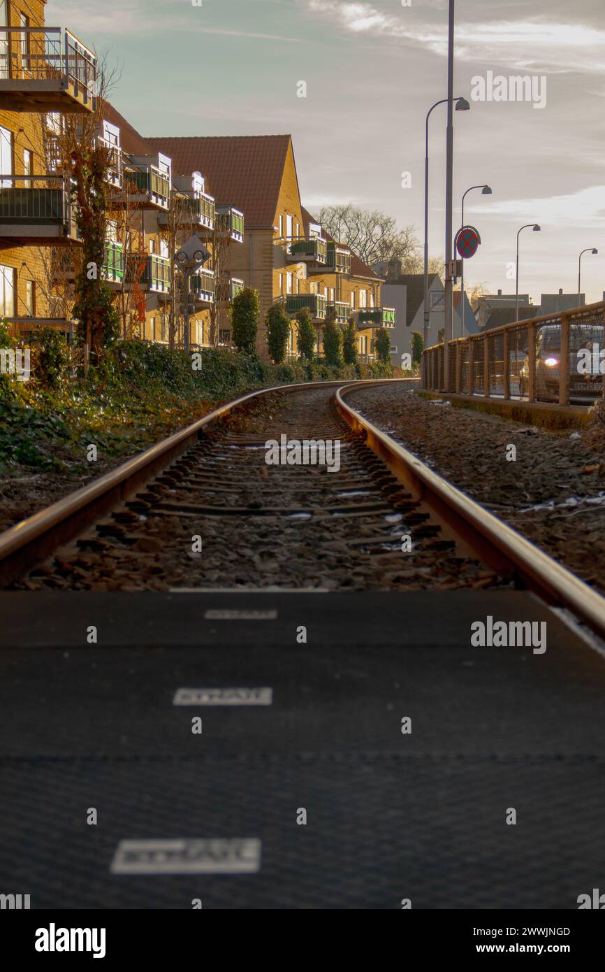 Voie ferrée dans une petite ville à côté des plantes sur une journée ensoleillée Banque D'Images