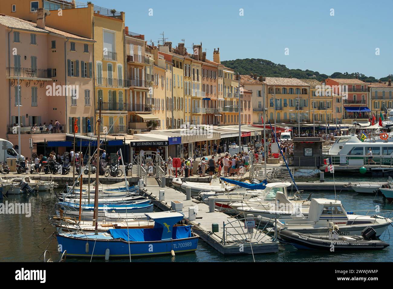 Saint-Tropez, Provence, France - 21 juin 2021 : célèbre Port populaire de Saint-Tropez, pittoresque, café et boutiques bordé du port, pupular luxueux et y Banque D'Images
