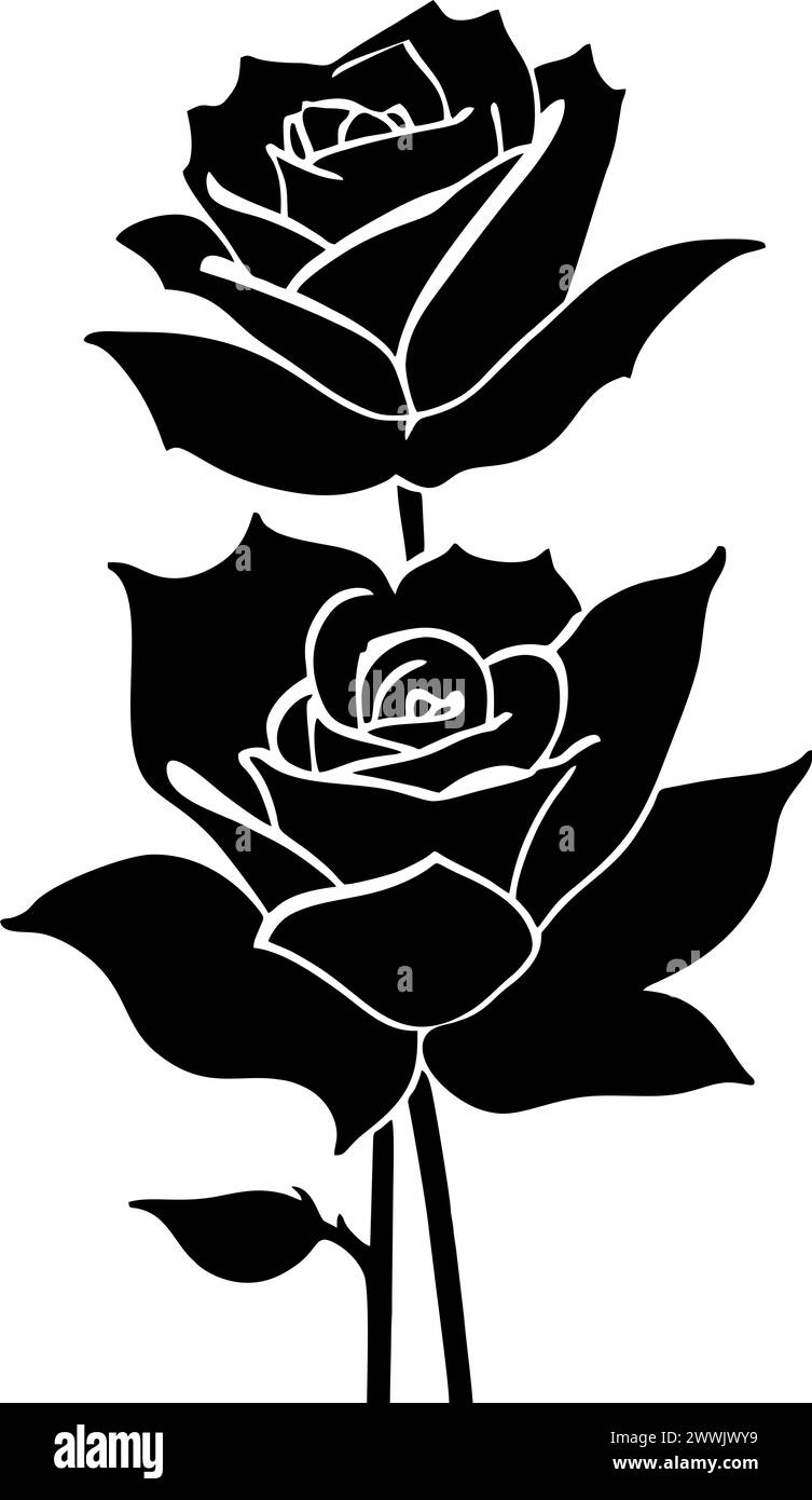 dessin graphique noir d'une fleur de rose avec des feuilles, monochrome, élément décoratif Banque D'Images