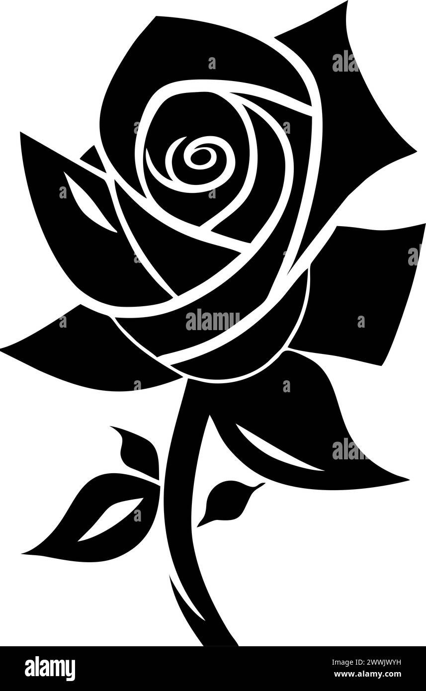 dessin graphique noir d'une fleur de rose avec des feuilles, monochrome, élément décoratif Banque D'Images
