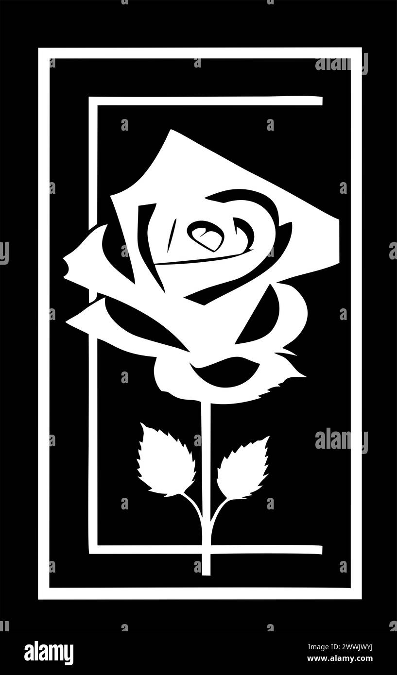 dessin graphique blanc d'une fleur de rose avec des feuilles sur un fond noir, logo Banque D'Images