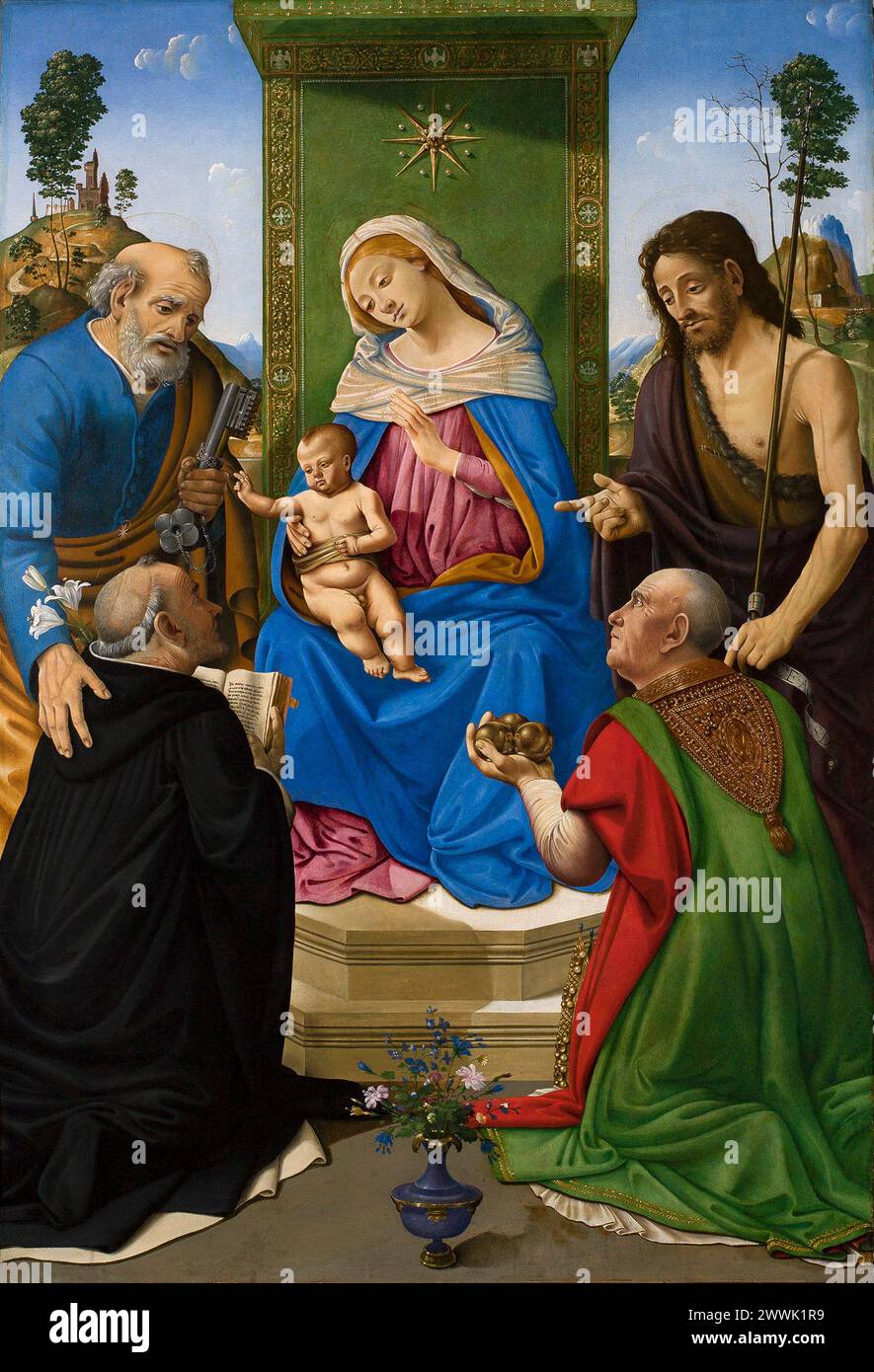 La Madone et lEnfant ont intronisé avec les Saints Piero di Cosimo Banque D'Images