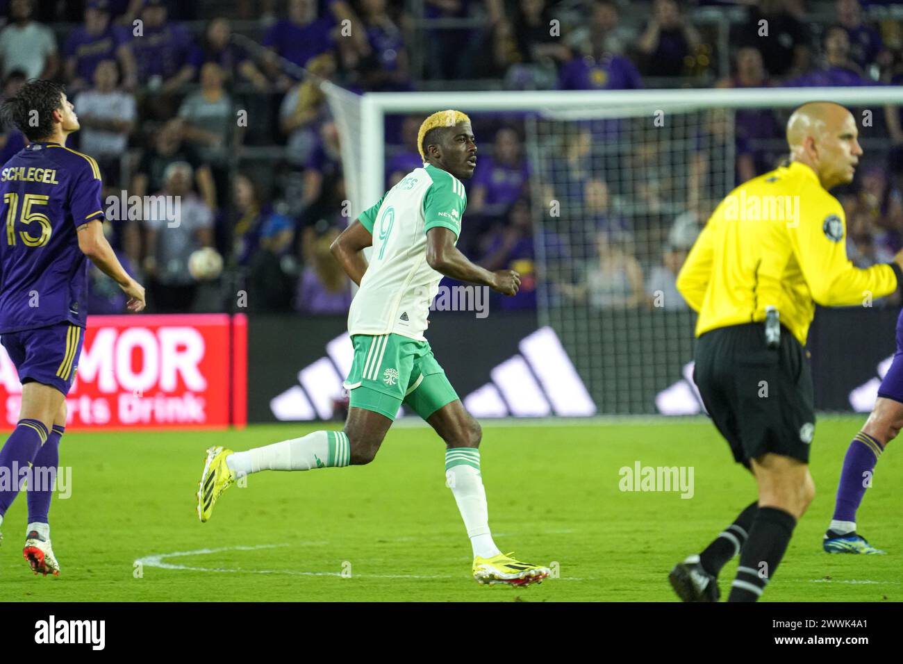 Orlando, Floride, États-Unis, 23 mars 2024, Gyasi Zardes, joueur #9 d'Austin FC, entre sur le terrain à l'Inter&Co Stadium. (Crédit photo : Marty Jean-Louis/Alamy Live News Banque D'Images