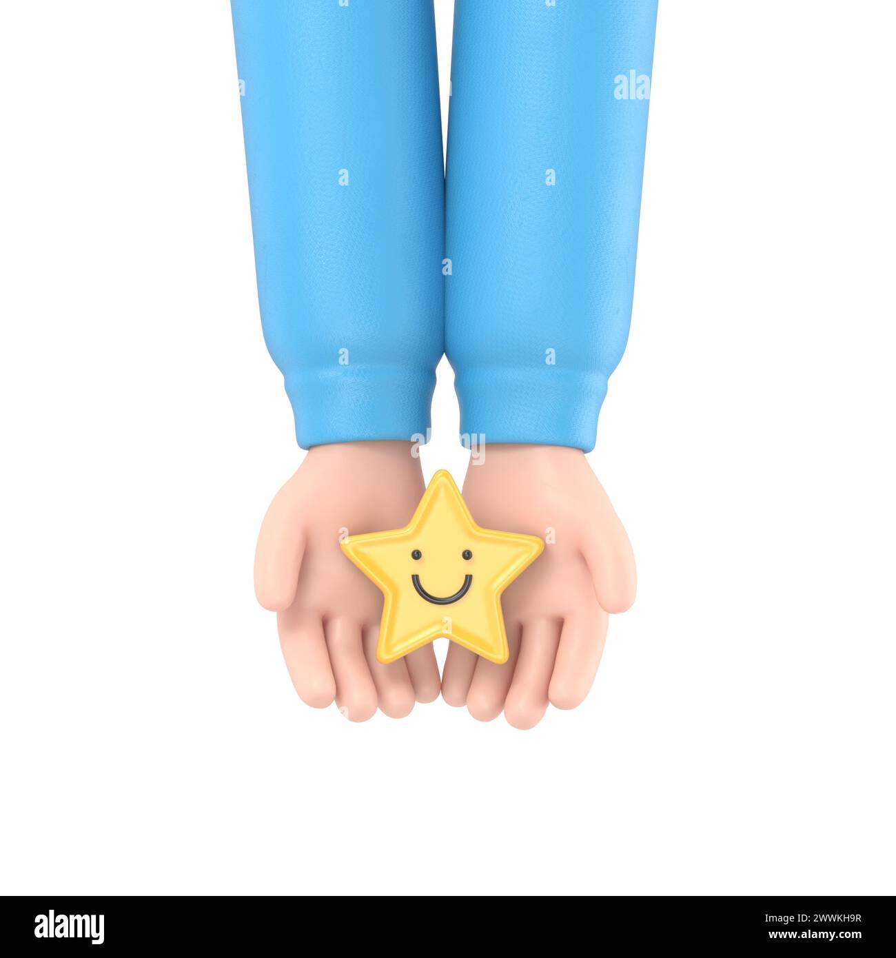 Main tenant l'étoile jaune visage de sourire heureux, bonne note de rétroaction, avis positif, sondage de satisfaction, évaluation de la santé mentale, bien-être enfant, monde Banque D'Images