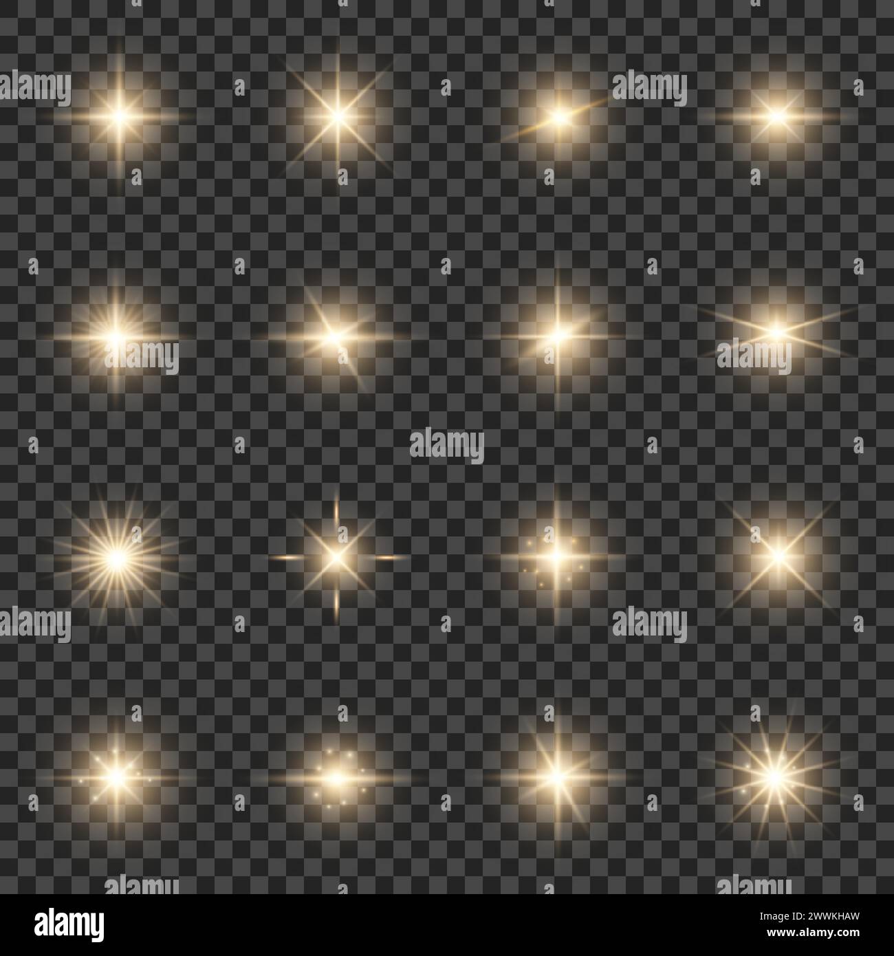 Ensemble de lumières éclatantes dorées réalistes, étoiles brillantes, étincelles. Illustration vectorielle sur un fond transparent Illustration de Vecteur