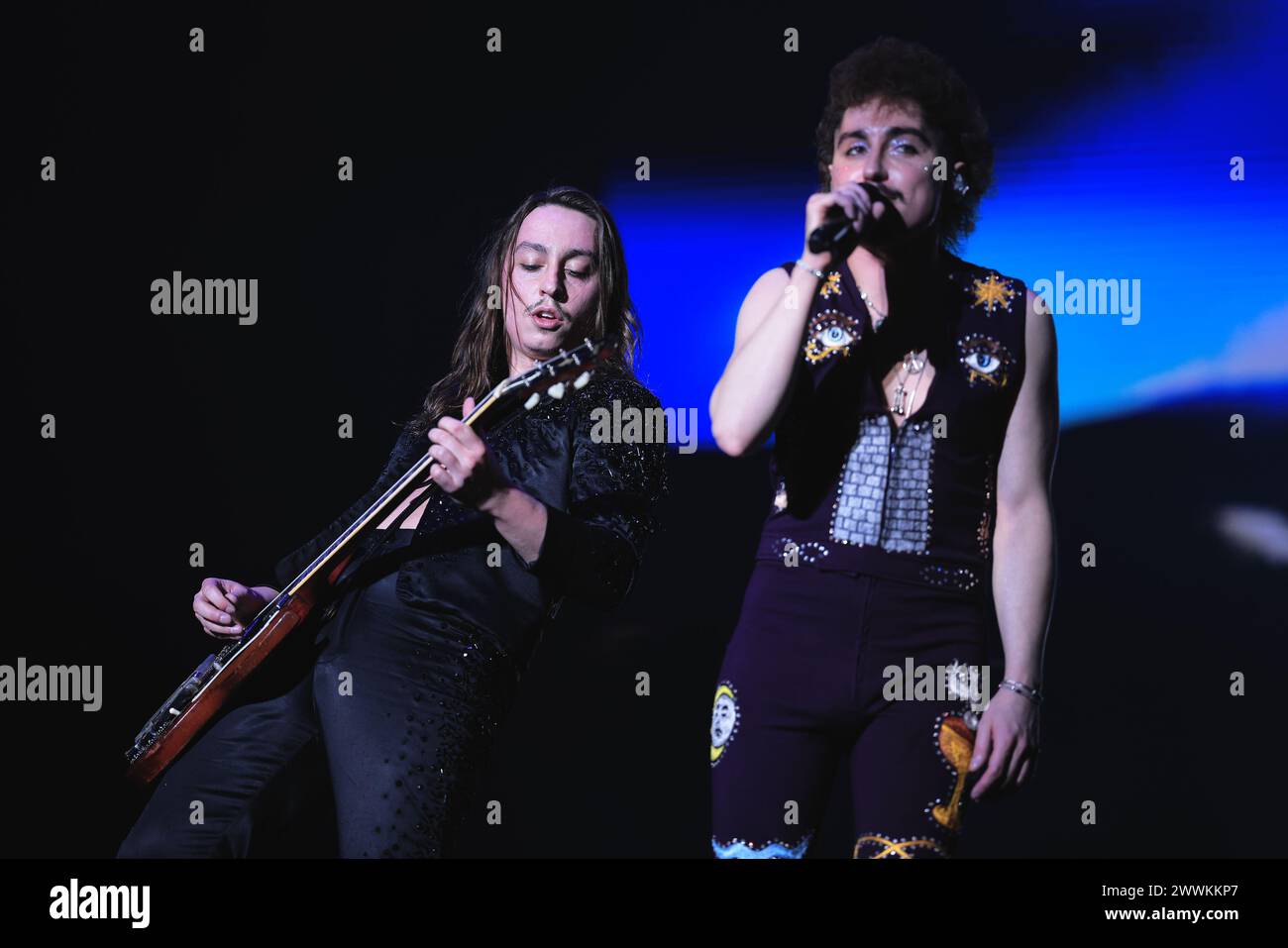 Sao Paulo, Brésil. 24 mars 2024. SP - SAO PAULO - 03/24/2024 - SAO PAULO, LOLLAPALOOZA BRÉSIL 2024 - les musiciens Jake Kiszka (à gauche) et son frère Josh Kiszka (à droite) du groupe nord-américain Greta Van Fleet se produisent sur la scène Samsung Galaxy, au Festival Lollapalooza Brasil 2024, organisé à l'Autodromo de Interlagos, au sud de la ville de Sao Paulo, ce dimanche (24). Photo : Ettore Chiereguini/AGIF (photo : Ettore Chiereguini/AGIF/Sipa USA) crédit : Sipa USA/Alamy Live News Banque D'Images