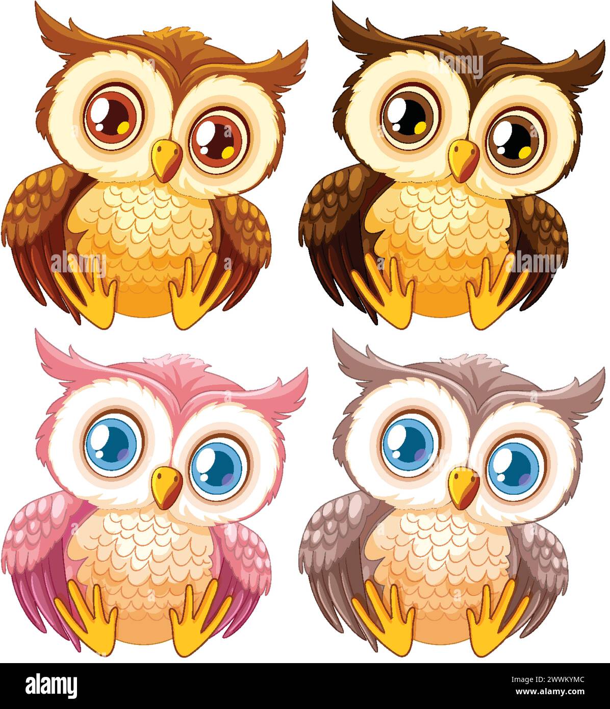 Quatre chouettes illustrées mignonnes avec des yeux expressifs Illustration de Vecteur