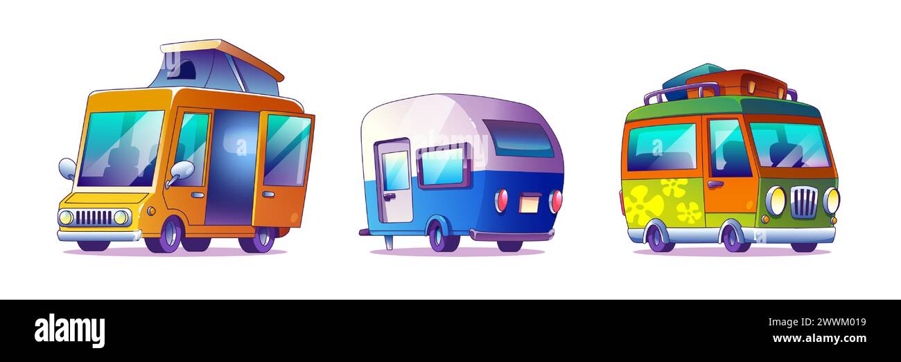 Remorques de camping-car placées isolées sur fond blanc. Illustration vectorielle de fourgonnettes rétro avec bagages sur cabine, maison sur roues pour les voyages de vacances d'été et le camping, transport de style contemporain Illustration de Vecteur