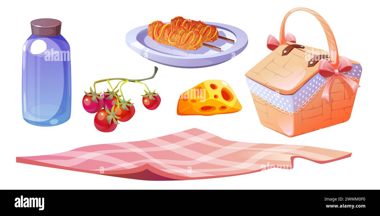 Ensemble de pique-nique mignon avec panier en osier, nourriture et couverture. Ensemble d'illustration vectorielle de dessin animé de dîner de parc urbain extérieur manger et collations - bouteille avec boisson, fromage et tomate, assiette avec hot dog sur bâton. Illustration de Vecteur