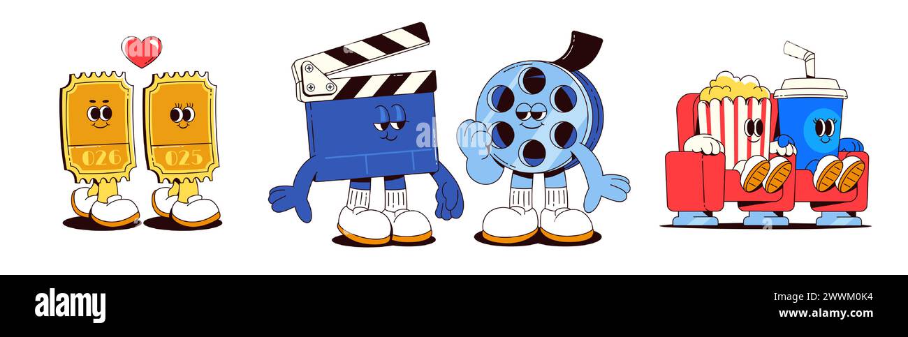 Mascotte de personnage de dessin animé de cinéma et de cinéma avec des visages, des jambes et des bras. Mignon toon rétro groovy personnage de In Love deux billets, claquette et conteneur de rouleau de ruban adhésif, pop-corn et soda sur des fauteuils. Illustration de Vecteur