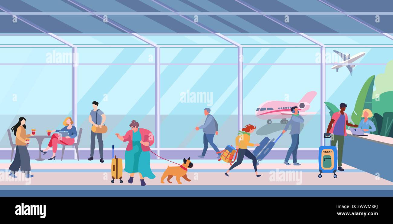 Salle d'attente de l'aéroport. Intérieur à l'intérieur du terminal de l'aéroport avec personnes et bagages. Une femme dode avec un chien. Enregistrement de vol au comptoir.. Illustration vectorielle plate pour bannière, affiche et publicité Illustration de Vecteur