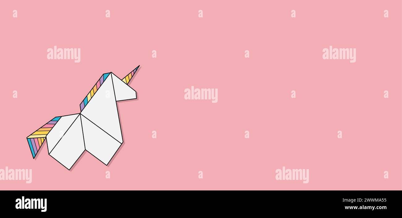 Illustration de licorne en papier polygonal géométrique origami. Personnage de cheval de conte de fées. Imprimé vectoriel plat, Royaume magique. Espace vide Illustration de Vecteur