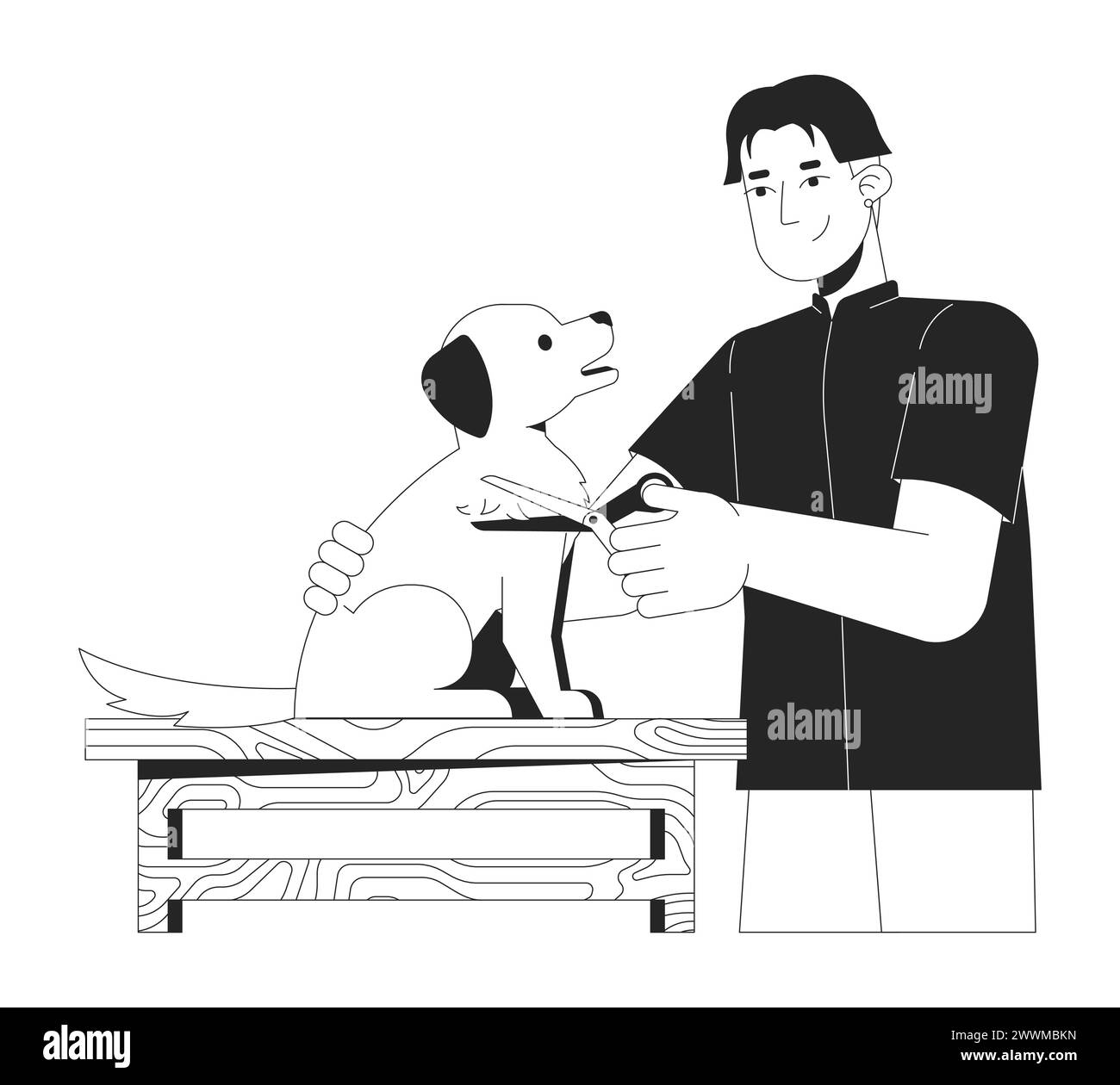 Homme asiatique toilettant chien noir et blanc 2D ligne personnage de dessin animé Illustration de Vecteur