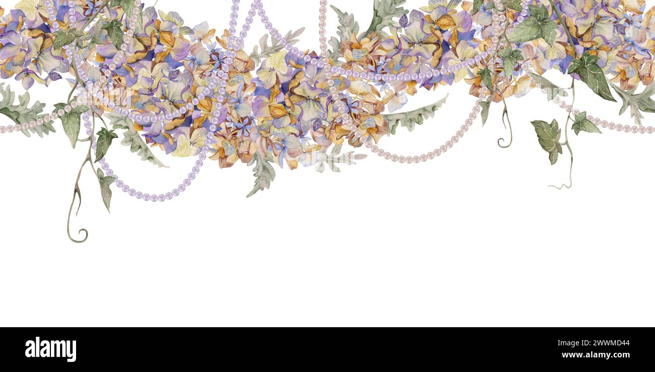 Illustration à l'aquarelle dessinée à la main feuilles de fleurs botaniques boho shabby. Hydrangea hortensia mauve perles desséchées lierre. Bannière transparente Banque D'Images