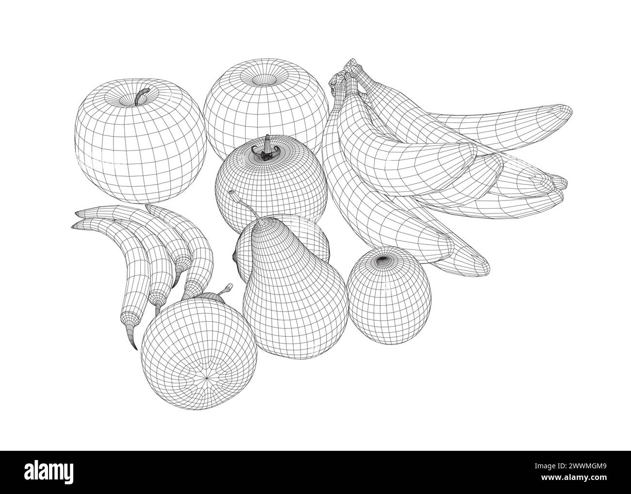 Fil de fer de fruits : bananes, pommes, poires, poivrons, tomate faite de lignes noires isolées sur fond blanc. Illustration vectorielle. 3D.. Illustration de Vecteur