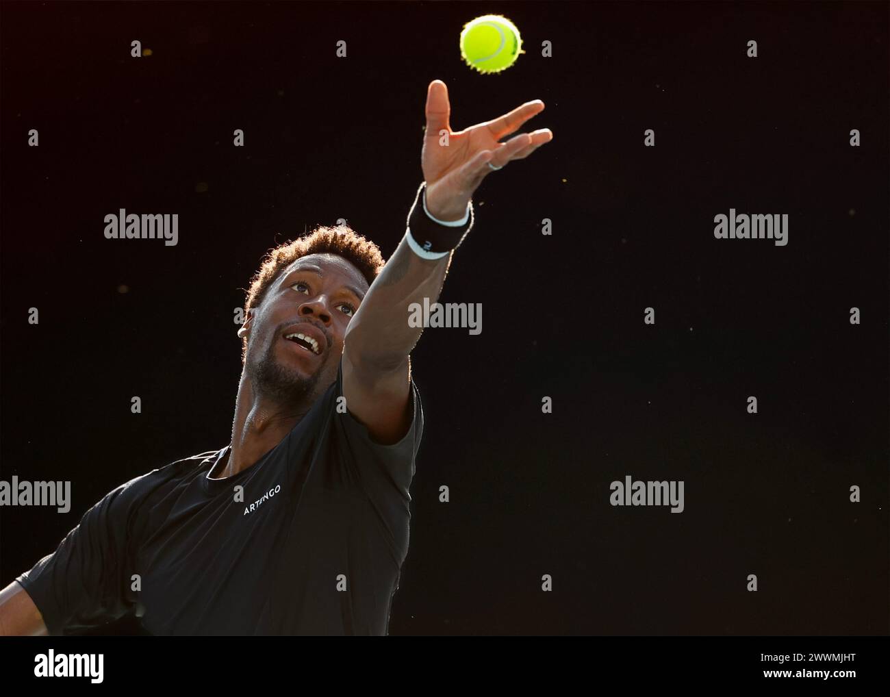 Gael Monfils (FRA) en action à l'Open d'Australie 2024 à Melbourne Park, Melbourne, Victoria, Australie. Banque D'Images