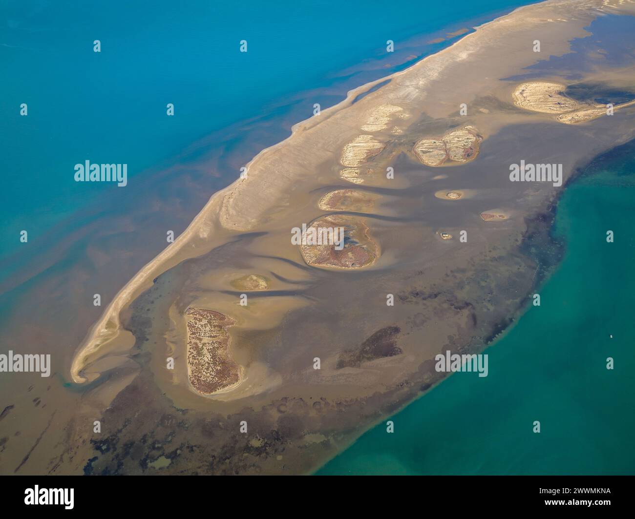 Vue aérienne de la pointe et de la baie de Fangar (Punta del Fangar et Badia del Fangar), dans le delta de l'Èbre (Tarragone, Catalogne, Espagne) Banque D'Images