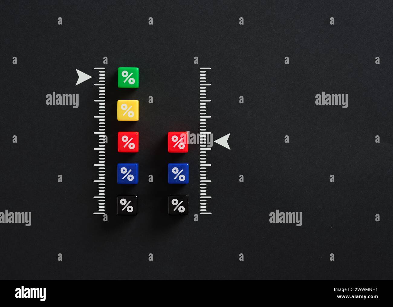 Indicateur de niveau mesurant les taux d'intérêt. Comparaison des taux bas et élevés. Concept commercial, bancaire et financier. Banque D'Images