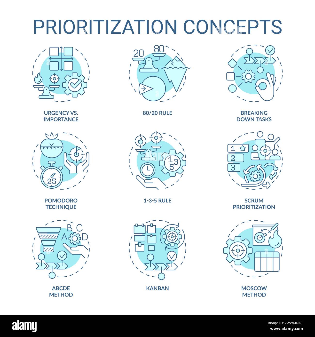 Icônes de concept bleu clair des techniques de priorisation Illustration de Vecteur