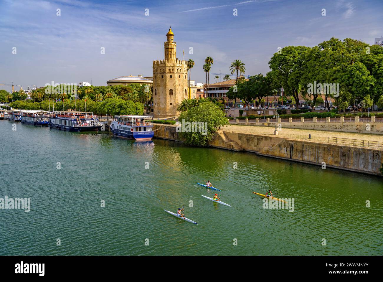 Vue traditionnelle de Séville avec la tour Torre del Oro et la rivière Guadalquivir avec quelques rameurs (Séville, Andalousie, Espagne) Banque D'Images