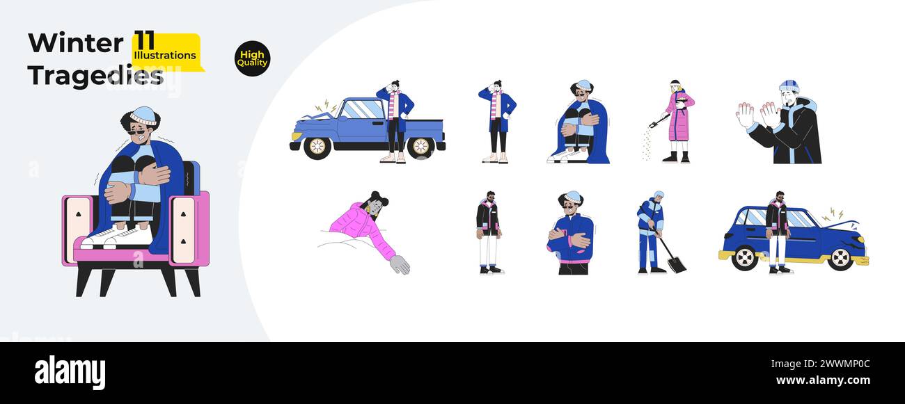 Pack d'illustration plate de dessin animé de ligne par temps froid glacial Illustration de Vecteur