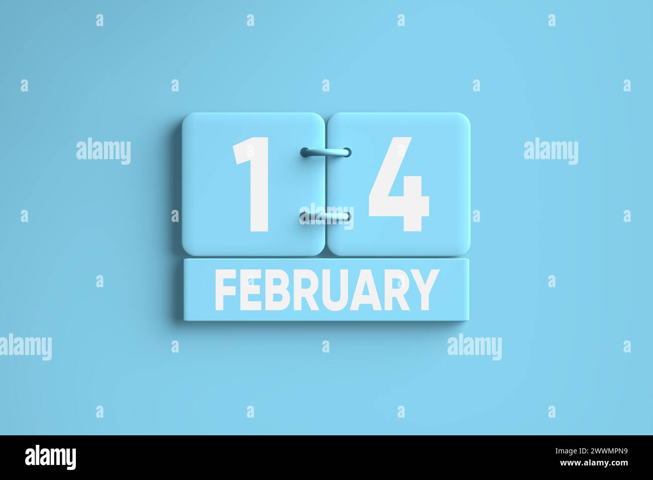 Calendrier bleu avec le 14 février Saint-Valentin de l'année 2024 sur fond bleu. Rendu 3D. Banque D'Images