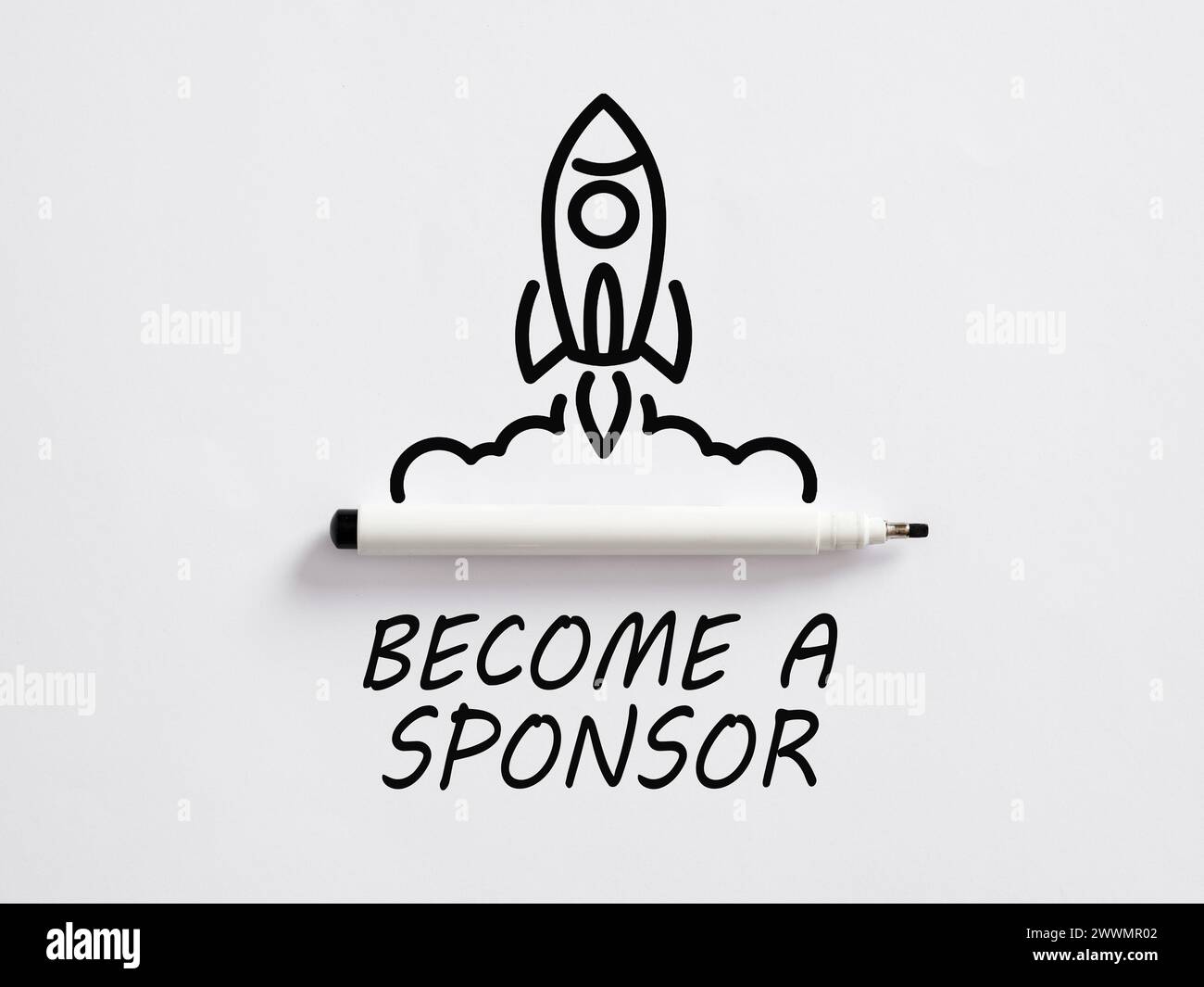 Concept de parrainage. Soutien financier de parrainage ou don de charité. Annonce écrite à la main Devenez sponsor avec une fusée et un stylo. Banque D'Images