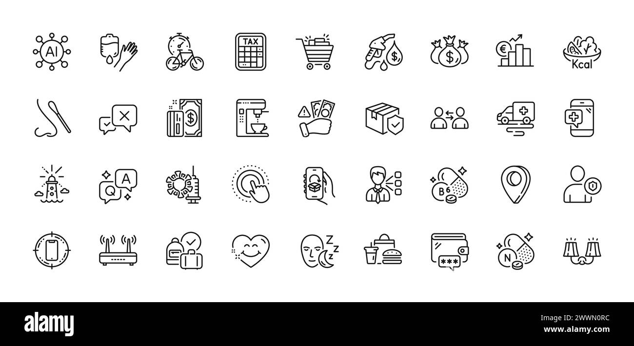 Minuterie de vélo, wifi et pack d'icônes de ligne de transport d'ambulance. Pour l'application Web. Icônes de ligne. Vecteur Illustration de Vecteur