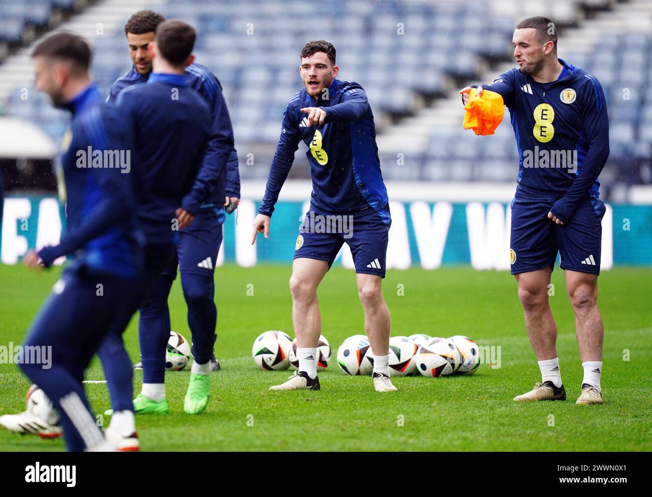 Andrew Robertson, l'écossais, lors d'une séance d'entraînement à Hampden Park, Glasgow. Date de la photo : lundi 25 mars 2024. Banque D'Images