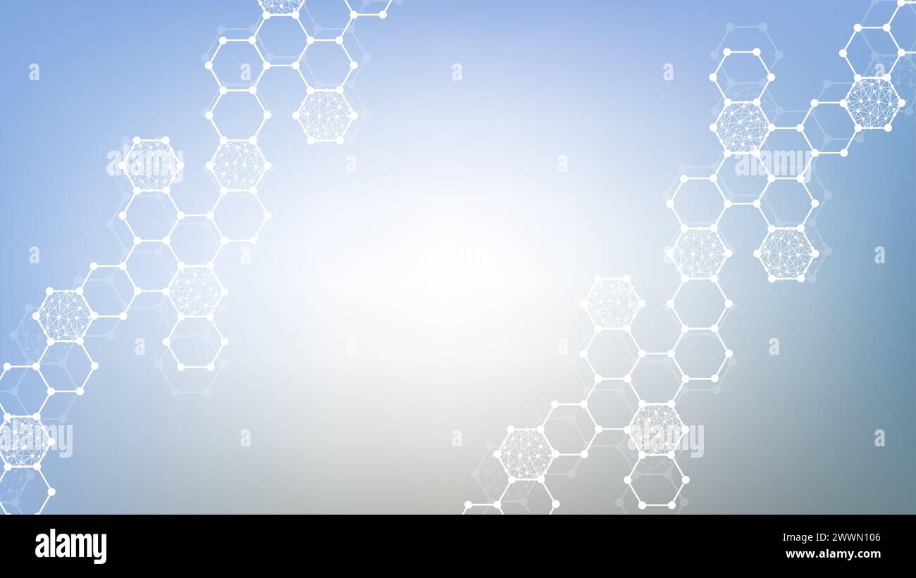 Histoire de la science moderne avec des lignes, des points et des hexagones. Arrière-plan abstrait du flux d'onde. Structure moléculaire pour la médecine, la technologie, la chimie Banque D'Images