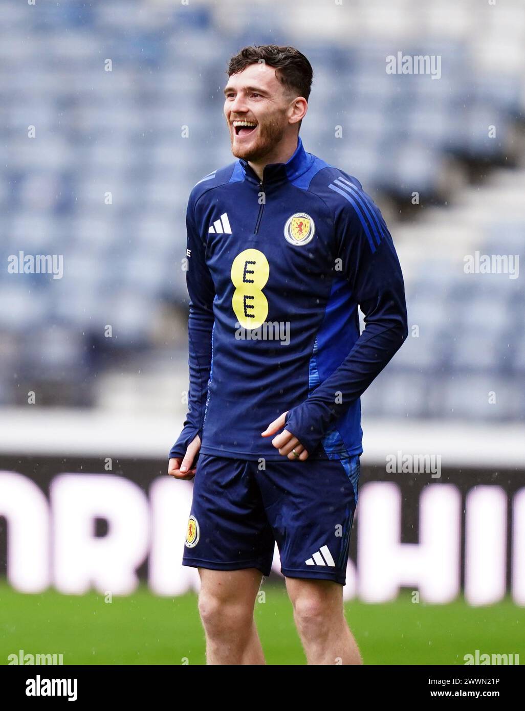 Andrew Robertson, l'écossais, lors d'une séance d'entraînement à Hampden Park, Glasgow. Date de la photo : lundi 25 mars 2024. Banque D'Images