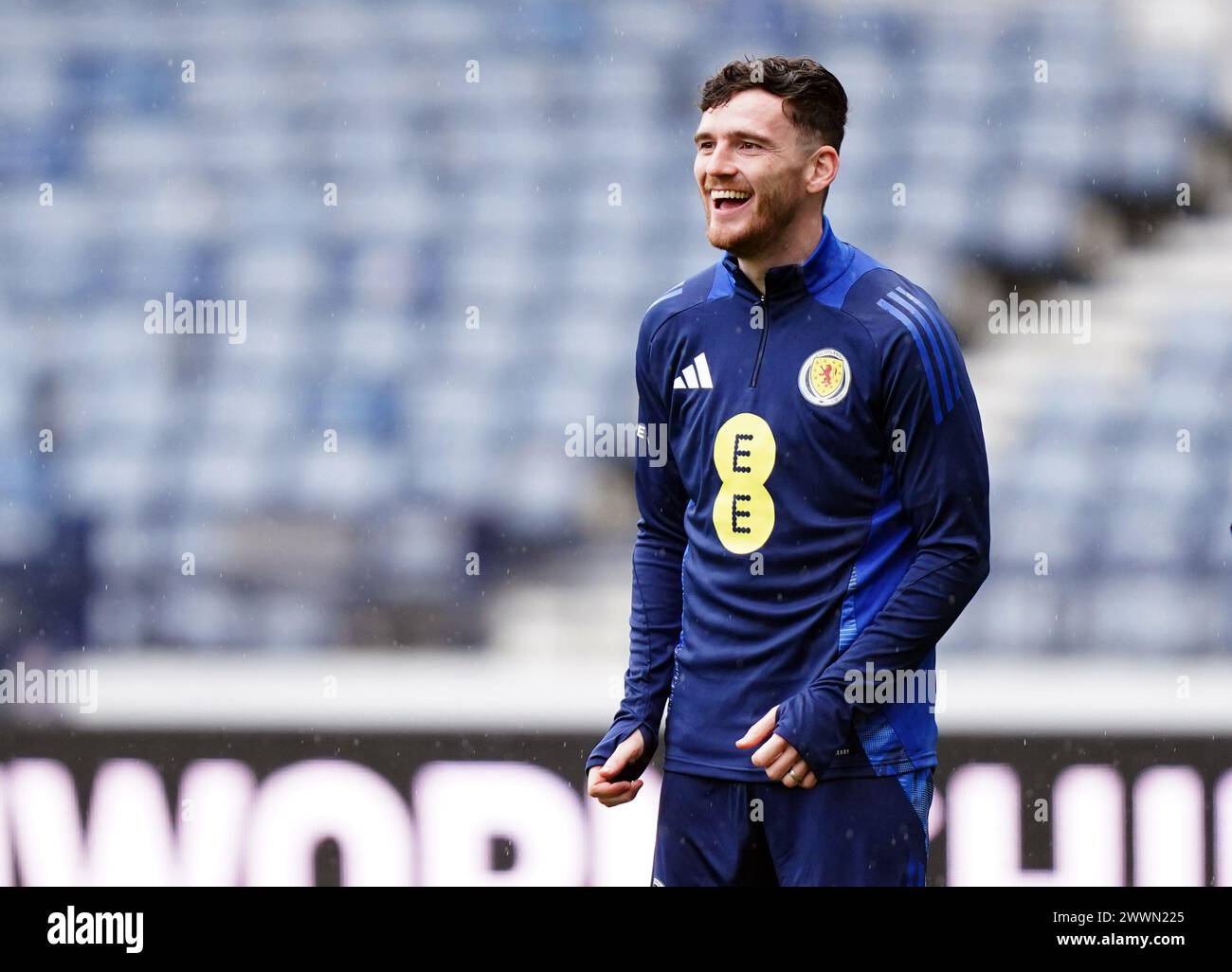 Andrew Robertson, l'écossais, lors d'une séance d'entraînement à Hampden Park, Glasgow. Date de la photo : lundi 25 mars 2024. Banque D'Images