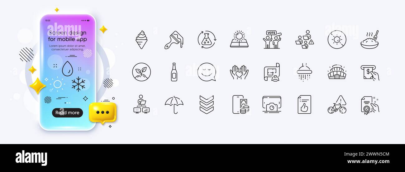 Porridge, service ATM et icônes de ligne de sourire pour l'application Web. Icône de pictogramme. Écran dégradé de la maquette de téléphone. Vecteur Illustration de Vecteur