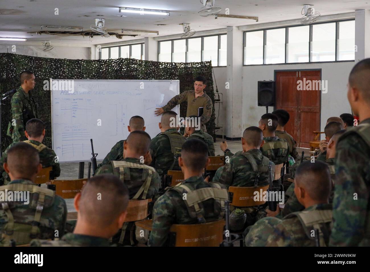 Le capitaine Ruben Pickering du corps des Marines des États-Unis, un contrôleur aérien avancé affecté à Charlie Company, Battalion Landing Team 1/5, 15th Marine Expeditionary Unit, discute de la fonction d'une table d'affectation en série de soutien d'assaut (ASSAT) avec les Marines américains et royaux thaïlandais au cours de l'exercice Cobra Gold au Camp Jessada, province de Chonburi, Thaïlande, 29 février 2024. Cobra Gold, maintenant dans sa 43e année, est un événement de formation co-parrainé thaïlandais-américain qui s'appuie sur l'amitié de longue date entre les deux Nations alliées et rassemble une force multinationale robuste pour promouvoir la paix et la sécurité régionales dans le SUPP Banque D'Images