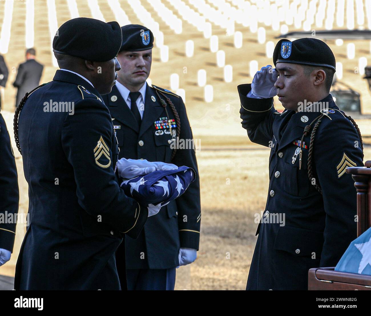 Jerrick Miralles, un éclaireur de cavalerie affecté au 1st Squadron, 4th Cavalry Regiment, 1st Infantry Division, salue le drapeau américain lors du service commémoratif de Taylor au cimetière national de Chattanooga à Chattanooga, Tennessee, le 7 février 2024. En raison de son service exemplaire et de son courage dans une mission de sauvetage imminente, Taylor a reçu la Médaille d'honneur le 5 septembre 2023. Dawson Smith) Banque D'Images