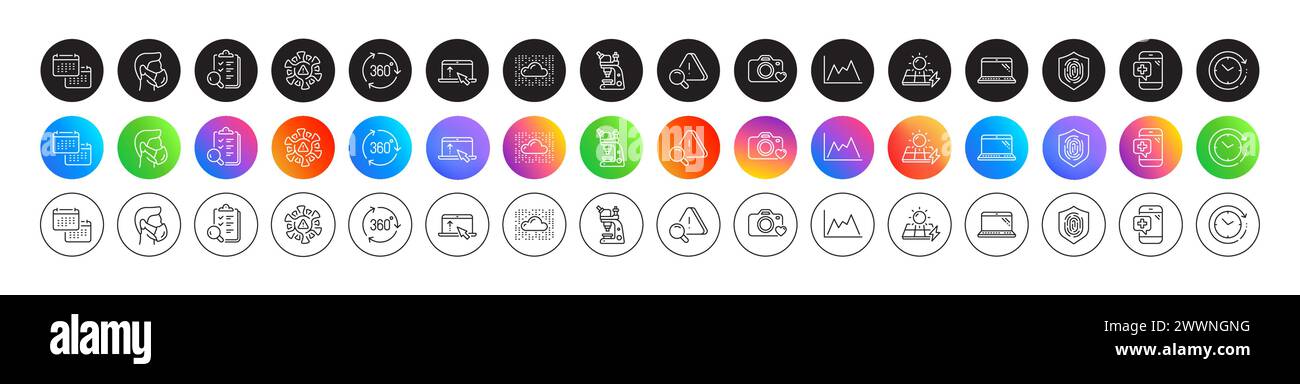 Changement d'heure, système Cloud et icônes de ligne téléphonique médicale. Boutons de dégradés d'icônes rondes. Pack de microscope, diagramme, icône d'ordinateur portable. Panneaux solaires, balayage vers le haut, Illustration de Vecteur