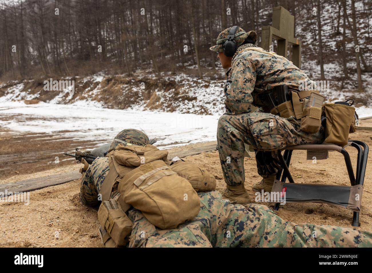 Les Marines américains avec le 9th Engineer support Battalion, 3rd Marine Logistics Group, mènent une distance de tir réel inconnue pendant le Warrior Shield 24 à Cherokee Range, Rodriguez Live Fire Complex, République de Corée, 29 février 2024. 9th ESB a mené la formation au tir réel pour maintenir la compétence tactique et les compétences de tir de combat dans un large éventail de scénarios. Warrior Shield 24 est un exercice conjoint annuel en République de Corée qui renforce les capacités défensives combinées des forces coréennes et américaines. Cet exercice d'entraînement régulier sur le terrain fournit la ROK-U.S. Ma Banque D'Images