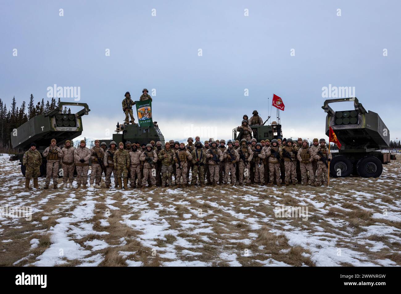 Les membres du corps des Marines des États-Unis et de l'armée américaine posent pour une photo après avoir terminé des exercices conjoints du système HIMARS (High Mobility Artillery Rocket System) à l'appui de l'exercice Arctic Edge 2024 à Fort Greely, en Alaska, le 18 février 2024. Dans le cadre des capacités de la Marine Air-Ground Task Force (MAGTF), le système d'armes HIMARS contribue de manière significative à la projection de puissance et à l'appui-feu de précision de la MAGTF pour les Marines dans divers scénarios, y compris ceux dans un environnement arctique, améliorant ainsi l'efficacité et la polyvalence globales. Arctic Edge 2024 (AE24) est un exercice de défense intérieure dirigé par le Northern Command des États-Unis Banque D'Images