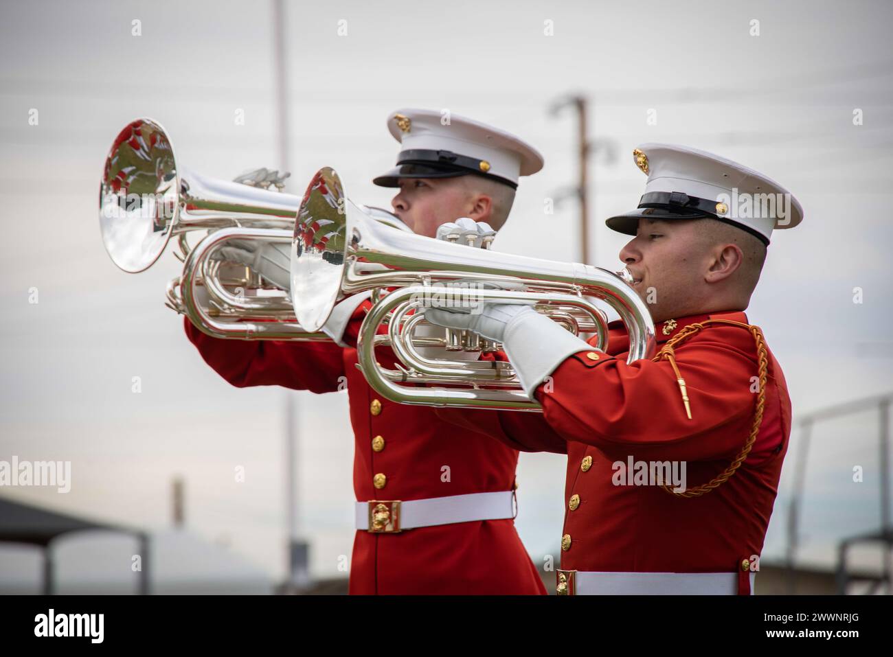 Les Marines avec "The commandant's Own", U.S. Marine Drum & Bugle corps, jouent lors d'une répétition de robe de détachement de couleur de bataille à la Marine corps Air Station Yuma, Ariz., 24 février 2024. Cette répétition a été l'aboutissement de plusieurs semaines de longues heures et d'entraînement rigoureux. Corps des Marines Banque D'Images