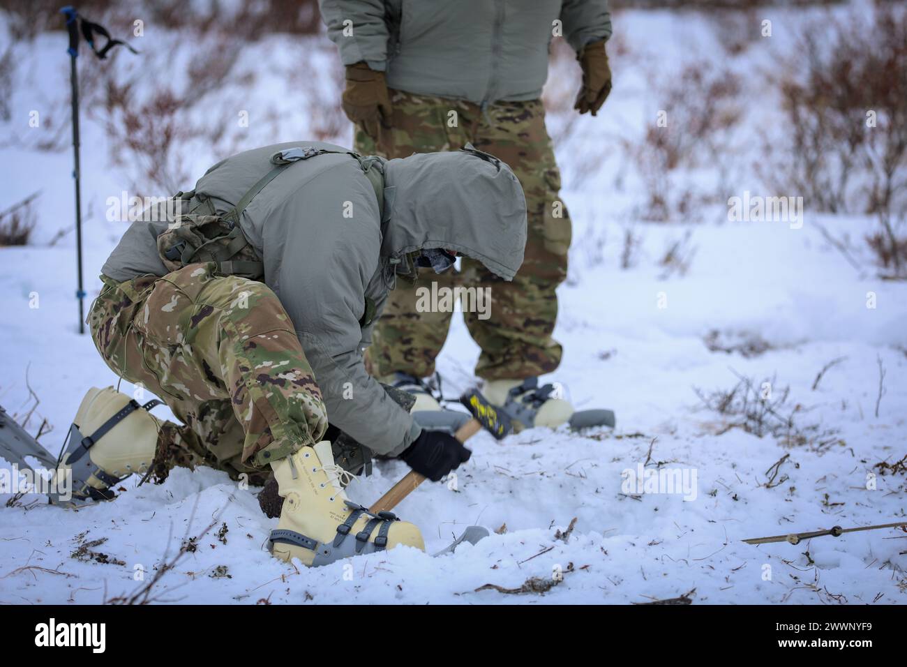 Les gardes nationaux de l'armée avec la compagnie Bison, 1er bataillon du 297e régiment d'infanterie, travaillent à la mise en place d'une tente de 10 hommes pour servir d'abri chauffant près du centre de préparation de la garde nationale de l'armée de l'Alaska à Bethel, le 3 février 2024. Les gardiens ont tiré un Ahkio Group, un traîneau avec la tente et d'autres fournitures d'escouade par temps froid, pendant leur marche de raquettes de 5 kilomètres vers la zone d'entraînement. (Alaska National Guard Banque D'Images