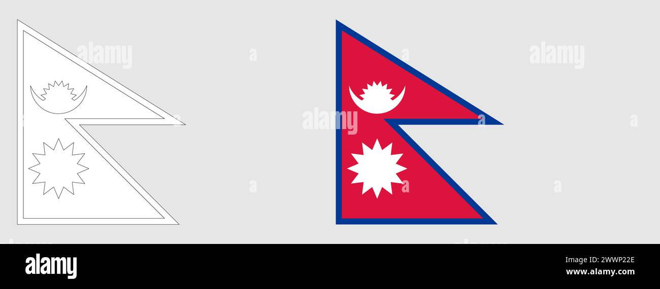 Drapeau du Népal - coloriage. Ensemble de drapeau blanc filaire à contour noir fin et drapeau coloré d'origine. Illustration de Vecteur