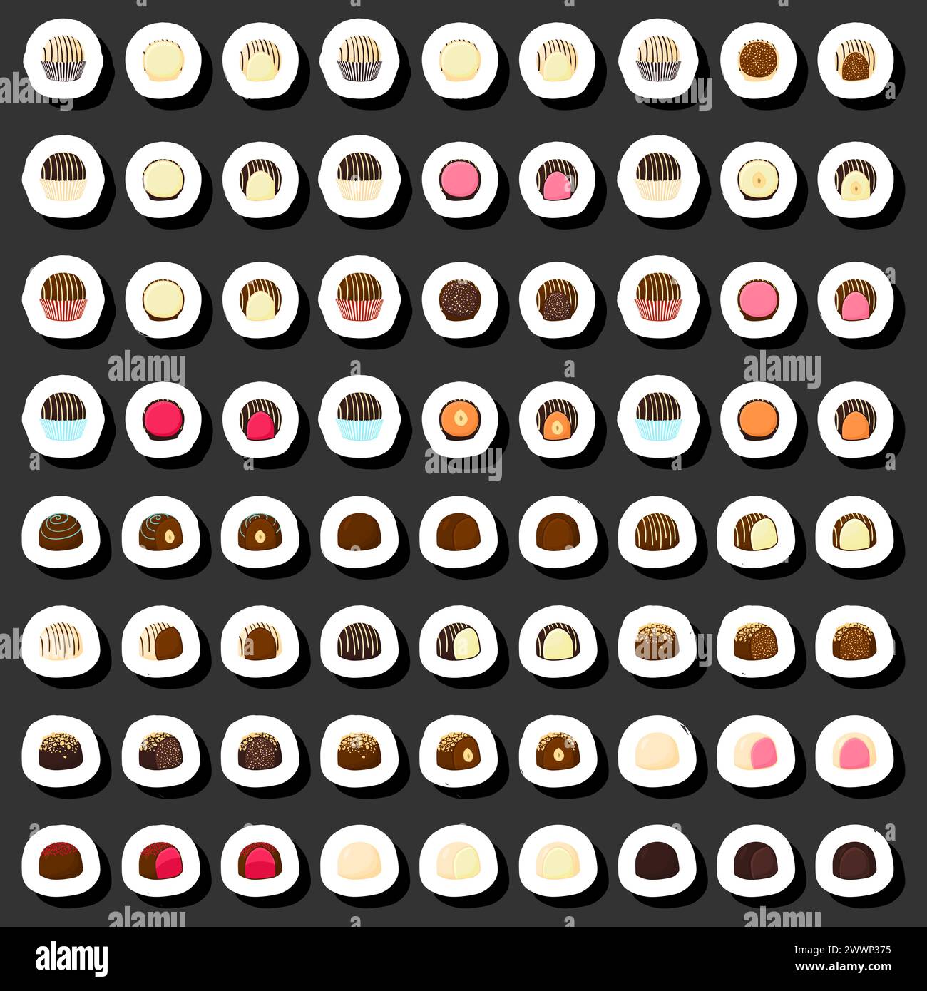 Illustration sur le thème beau grand ensemble bonbon de bonbons au chocolat sucré, bonbon de bonbons composé de glaçage en poudre recouvert de chocolat sucré noir, kit choc Illustration de Vecteur